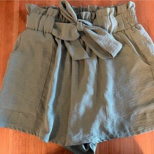 Olive Green High-Waisted Shorts with Bow Tie